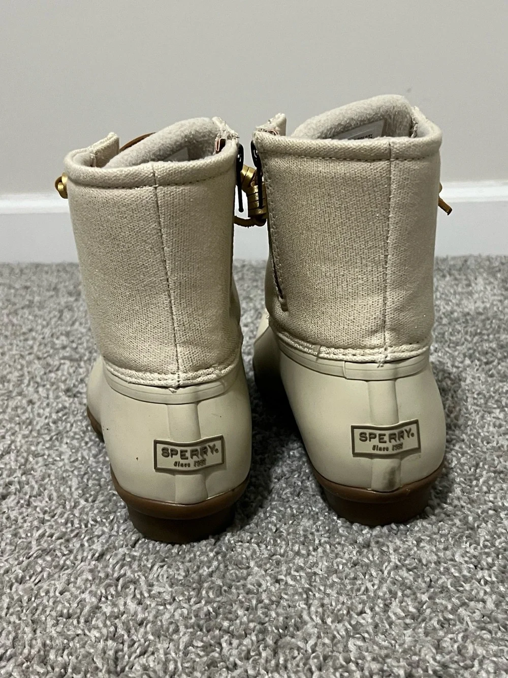 Sperry Cream Canvas & Tan Rubber Duck Boots